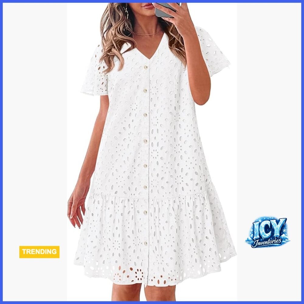 Eyelet Loose Mini Babydoll Dress with Button Front and Pockets